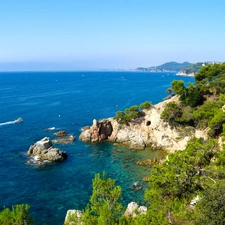 sea, green, Motor boat, Rocks