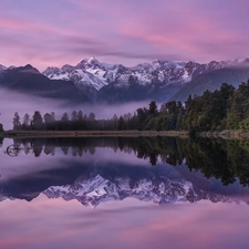 Mountains, Mount Cook National Park, reflection, trees, Mount Cook, New Zeland, Fog, Matheson Lake, viewes