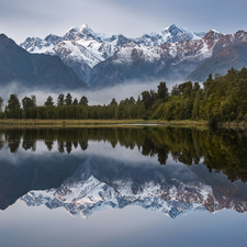 Mountains, Mount Cook National Park, trees, viewes, Mount Cook, New Zeland, reflection, Matheson Lake, Fog