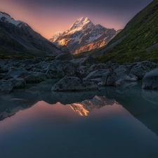 Mount Cook National Park, New Zeland, rocks, lake, Mountains