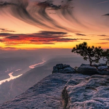 Saxon Switzerland National Park, Germany, Mountains, Lilienstein Mountain, Fog, Great Sunsets, pine, River Elbe, Rocks