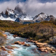 VEGETATION, Fitz Roy Mountain, Stones, Patagonia, trees, Andes Mountains, River, Argentina, clouds, viewes