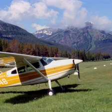 Cessna 185, airport, Mountains, grass