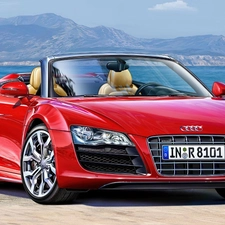 Mountains, water, Audi R8, Cabrio, Red
