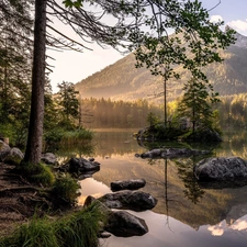 Mountains, Alps, viewes, Lake Hintersee, trees, Bavaria, Germany, rocks