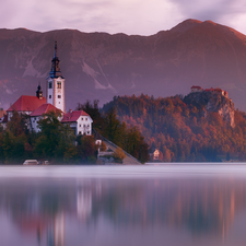 Church of the Annunciation of the Virgin Mary, Lake Bled, Julian Alps, Blejski Otok Island, Slovenia, Mountains, Great Sunsets