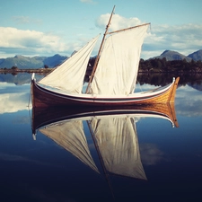 Boat, lake, Mountains, sail