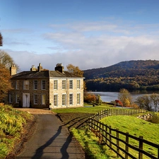 house, Way, Mountains, England, lake, Meadow