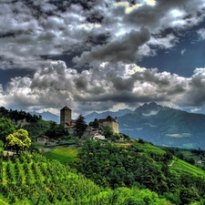 field, Mountains, Austria, clouds, Tirol, medows, village, South