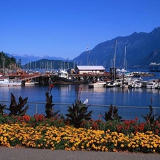 Mountains, Flowers, Ship, motorboat, port