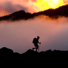 Mountains, tourist, Fog