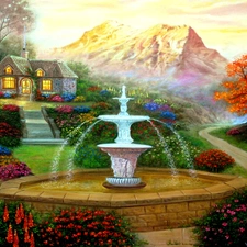 fountain, Garden, Mountains, house