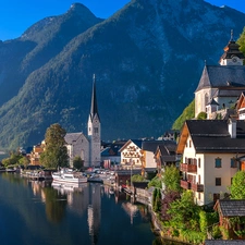 Mountains, woods, Austria, trees, Town Hallstatt, Hallstattersee Lake, Houses, viewes