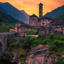 Mountains, bridge, Switzerland, River, Ticino Canton, Houses, Church, Lavertezzo