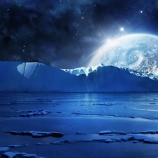 Mountains, ice, star, sea, moon