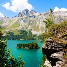 Mountains, lake, Islet