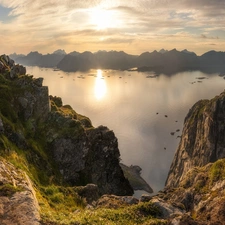 Mountains, Norway, Human, light breaking through sky, rocks, Norwegian Sea