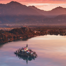 Lake Bled, Mountains, reflection, Island, Julian Alps, Slovenia, Church of the Annunciation of the Virgin Mary, Mountains, Bled Island