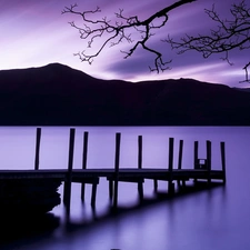 Mountains, pier, lake, twilight, summer