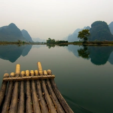 Mountains, River, raft