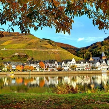 River, Church, Mountains, Houses