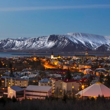 Mountains, River, Reykjavik, Town, iceland