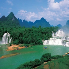 Mountains, waterfalls, River