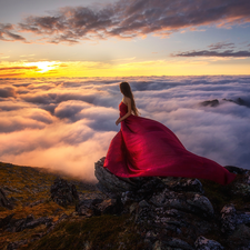 Mountains, Fog, Dress, Sunrise, red hot, Senja Island, Norway, Women