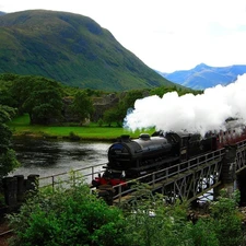 Train, River, Mountains, bridge