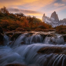 Patagonia, Argentina, Los Glaciares National Park, Andes Mountains, River, autumn, trees, viewes, Fitz Roy Mountain