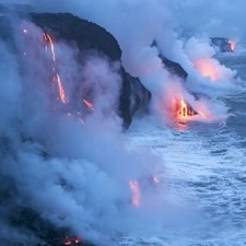 volcano, sea, Mountains, Lava