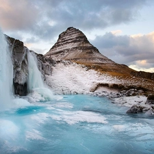 Mountains, frozen, waterfall