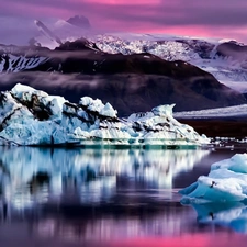 Mountains, winter, rocks, ice, lake