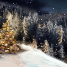 Mountains, winter, forest, christmas tree, Spruces
