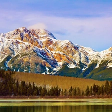 Mountains, lake, woods