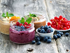 fruity, Bowls, currants, mousse, jars, blueberries, Preparations