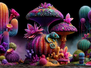 Cactus, Flowers, chameleons, mushrooms
