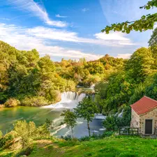 Krka River, house, waterfall, forest, Dalmatia, Coartia, viewes, Krka National Park, trees