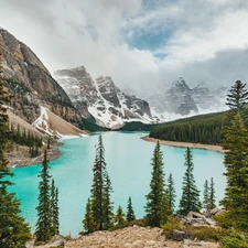 Moraine Lake, lake, Mountains, woods, Alberta, Canada, viewes, Banff National Park, trees