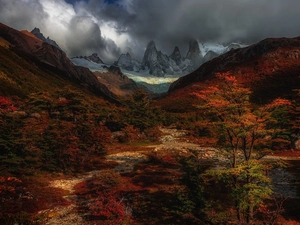 clouds, Argentina, viewes, trees, Mountains, Los Glaciares National Park, Fitz Roy, Mountains, Patagonia, mount, autumn