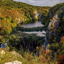 lake, trees, Coartia, viewes, Plitvice Lakes National Park, rocks, Mountains, waterfall