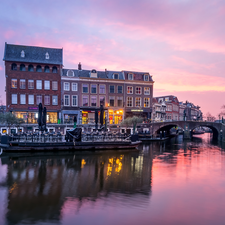 canal, morning, Amsterdam, Netherlands, bridge, Houses