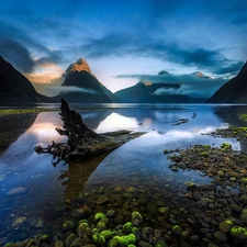 Mountains, pebbles, New Zeland, lake