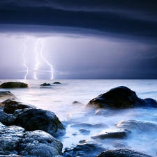 Night, lightning, Stones, sea, Storm