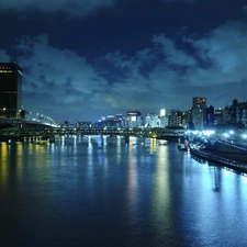 bridge, Sky, Night, reflection, Town, River