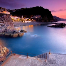 sea, Hotel hall, Night, rocks