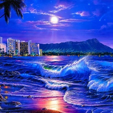 Waves, Town, Night, Coast