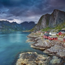 Houses, lake, Norway, Mountains