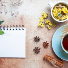 note-book, cinnamon, composition, anise, Flowers, cup, tea, dry