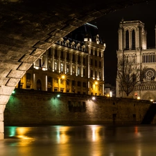 Notre Dame, Paris, River, Night, bridge, chair